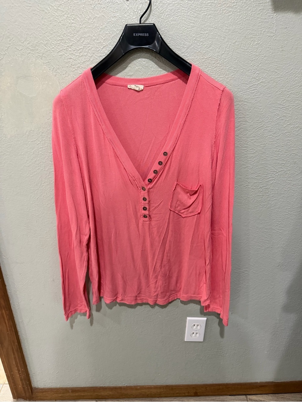 POL Pink Long-Sleeve V-Neck Button Pocket Top